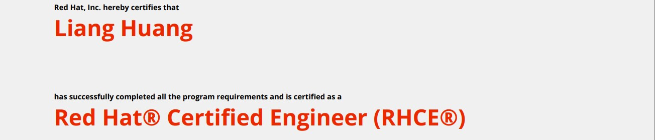 捷讯：黄亮同学于南京顺利通过红帽RHCE认证