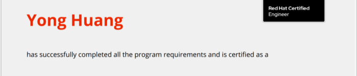 捷讯：黄勇同学于上海顺利通过红帽RHCE认证